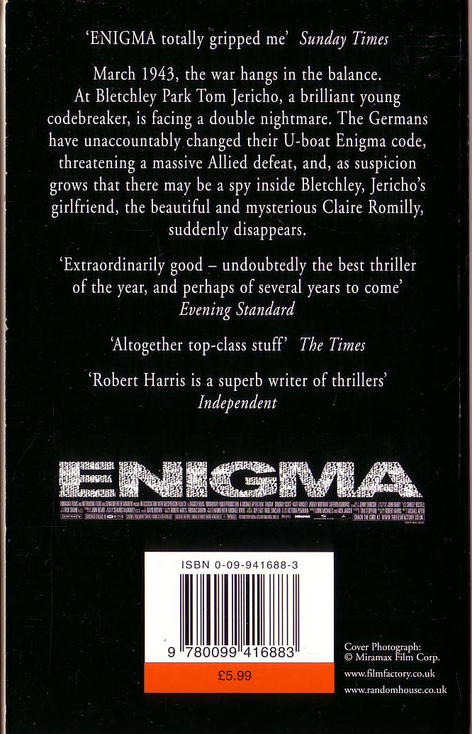 Thomas Harris  ENIGMA magnified rear book cover image