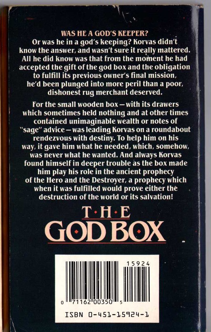 Barry B. Longyear  THE GOD BOX magnified rear book cover image