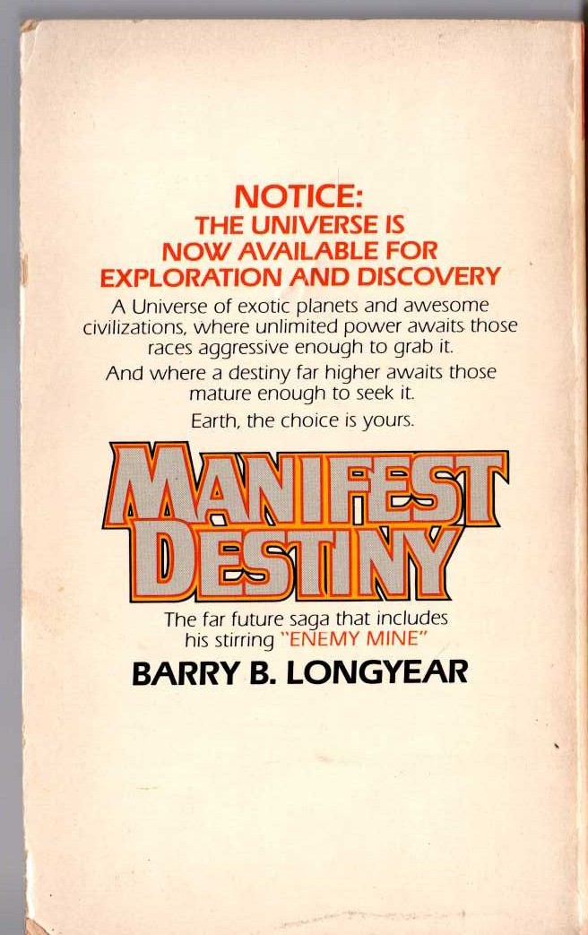 Barry B. Longyear  MANIFEST DESTINY magnified rear book cover image