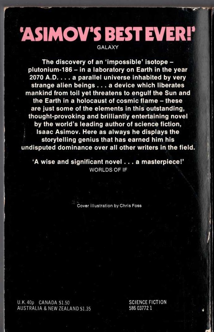 Isaac Asimov  THE GODS THEMSELVES magnified rear book cover image