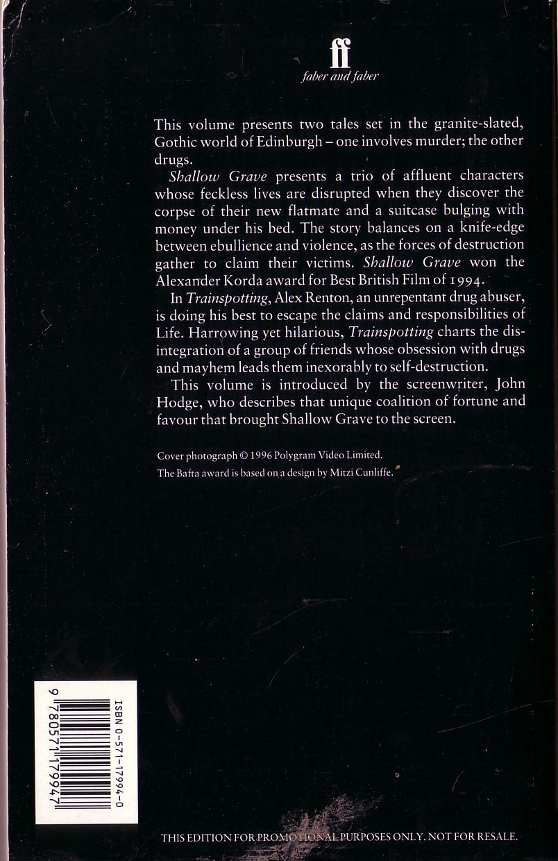 John Hodge  SHALLOW GRAVE & TRAINSPOTTING (Screenplays) magnified rear book cover image