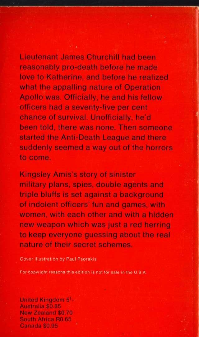 Kingsley Amis  THE ANTI-DEATH LEAGUE magnified rear book cover image