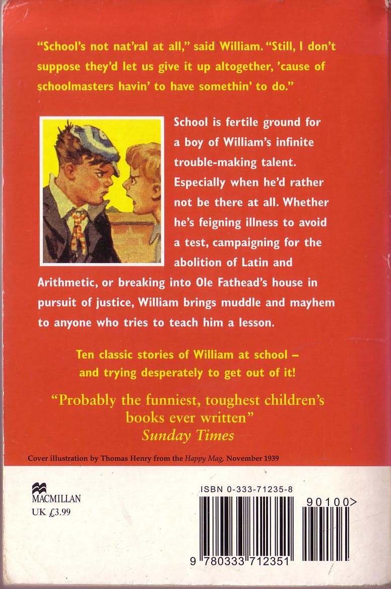 Richmal Crompton  JUST WILLIAM AT SCHOOL. Ten Classic Stories magnified rear book cover image