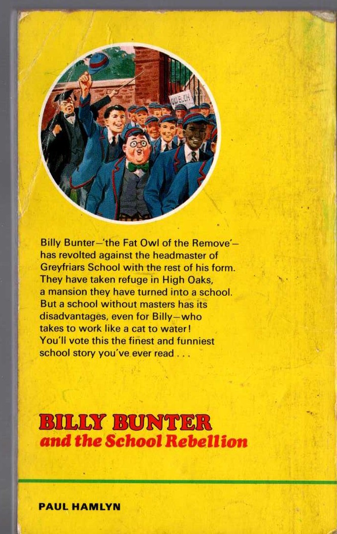 Frank Richards  BILLY BUNTER AND THE SCHOOL REBELLION magnified rear book cover image