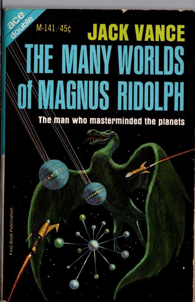 Jack Vance  THE BRAINS OF EARTH and THE MANY WORLDS OF MAGNUS RIDOLPH magnified rear book cover image