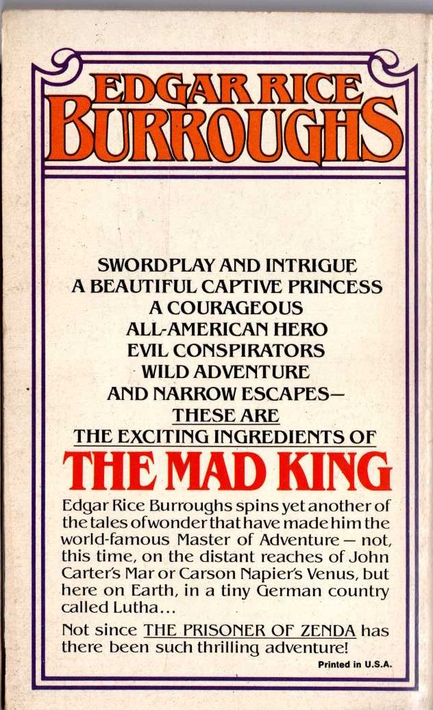 Edgar Rice Burroughs  THE MAD KING magnified rear book cover image