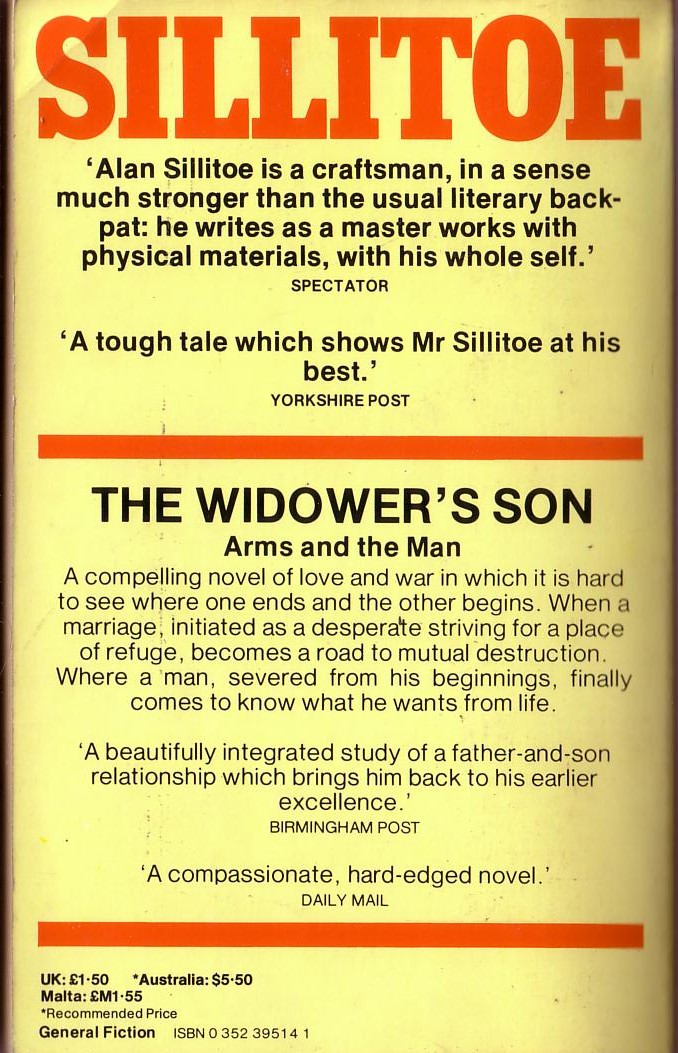 Alan Sillitoe  THE WIDOWER'S SON magnified rear book cover image