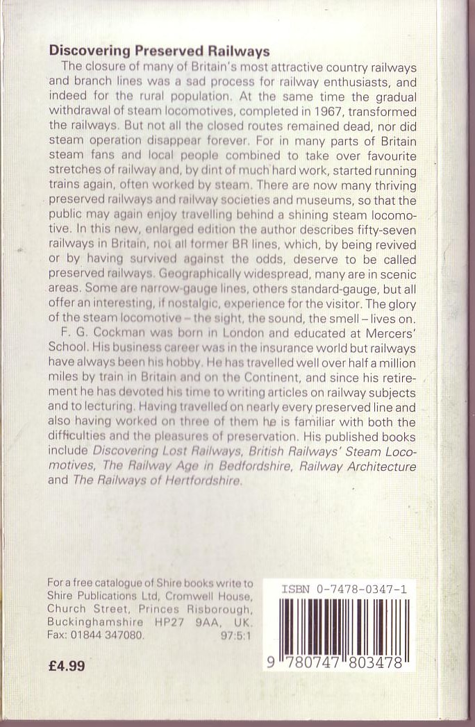 F.G. Cockman  DISCOVERING PRESERVED RAILWAYS magnified rear book cover image