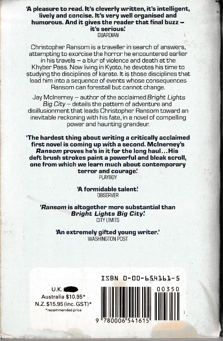 Jay McInerney  RANSOM magnified rear book cover image
