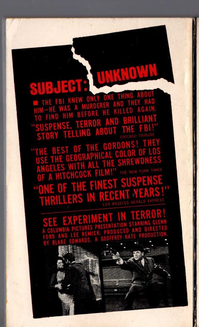 The Gordons  EXPERIMENT IN TERROR magnified rear book cover image