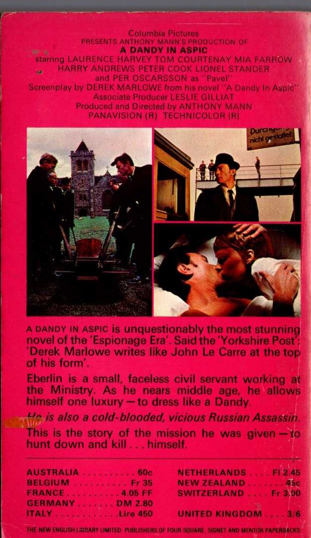Derek Marlowe  A DANDY IN ASPIC (Laurence Harvey & Mia Farrow) magnified rear book cover image