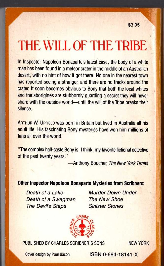 Arthur Upfield  THE WILL OF THE TRIBE magnified rear book cover image