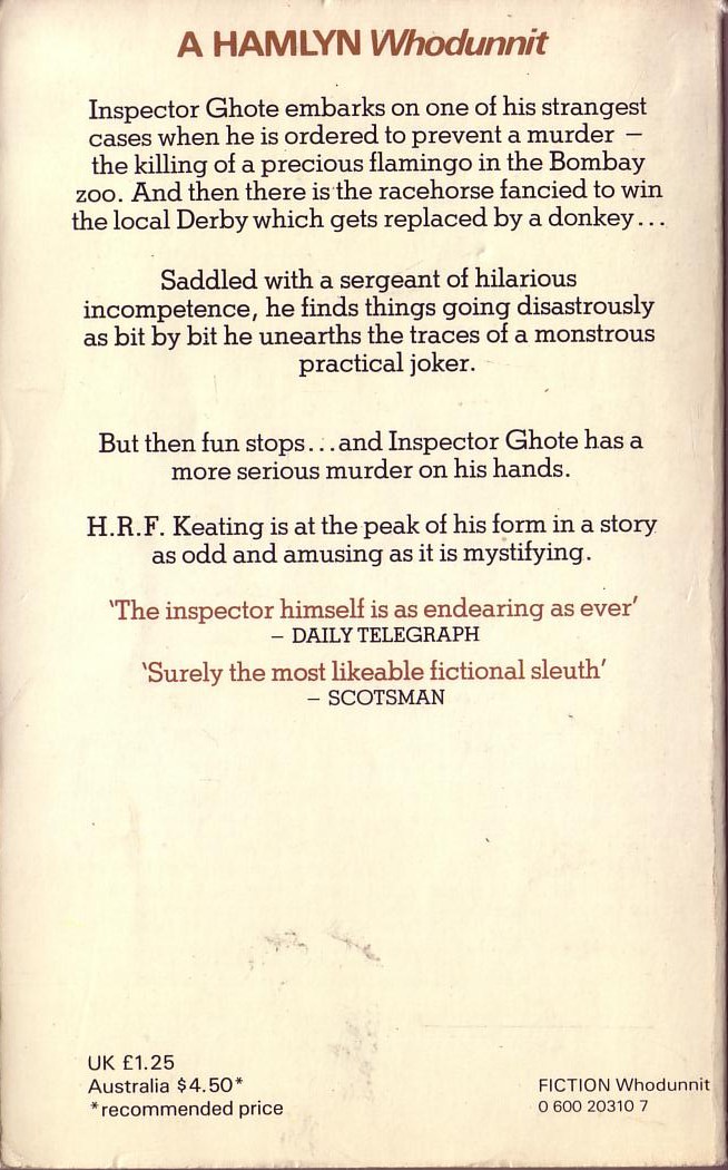 H.R.F. Keating  INSPECTOR GHOTE PLAYS A JOKER magnified rear book cover image