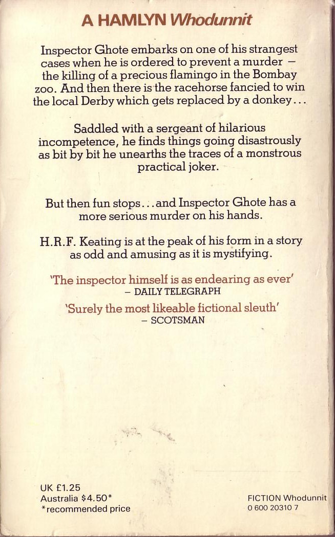 H.R.F. Keating  INSPECTOR GHOTE PLAYS A JOKER magnified rear book cover image