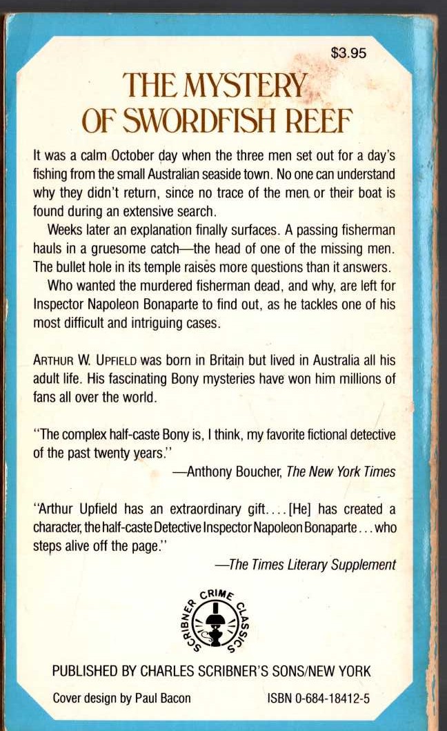 Arthur Upfield  THE MYSTERY OF SWORDFISH REEF magnified rear book cover image