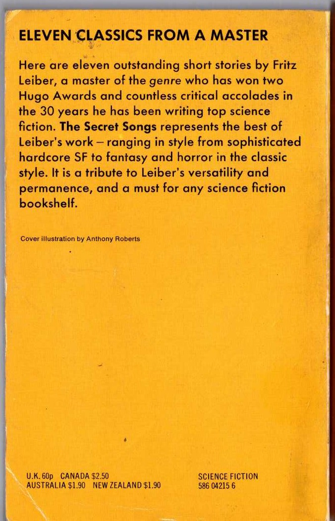 Fritz Leiber  THE SECRET SONGS magnified rear book cover image