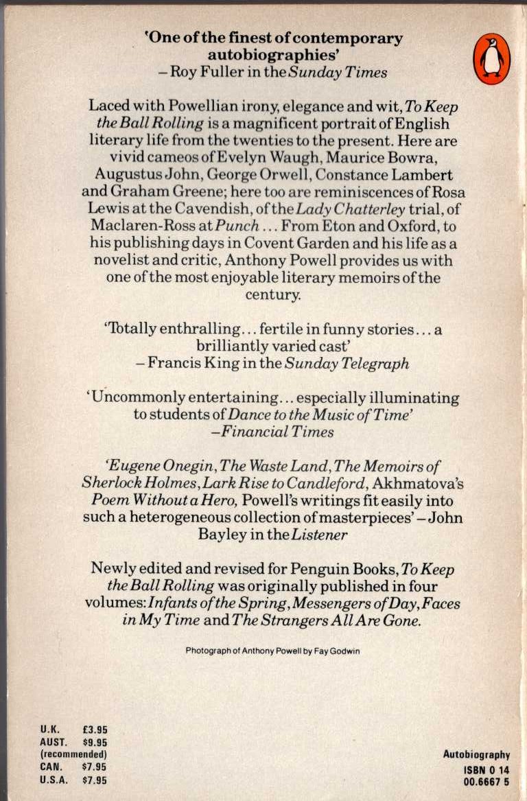 Anthony Powell  TO KEEP THE BALL ROLLING. The Memoirs of Anthony Powell magnified rear book cover image