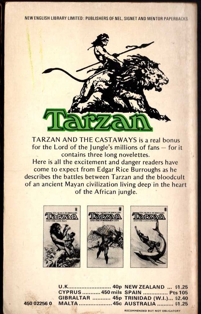 Edgar Rice Burroughs  TARZAN AND THE CASTAWAYS magnified rear book cover image