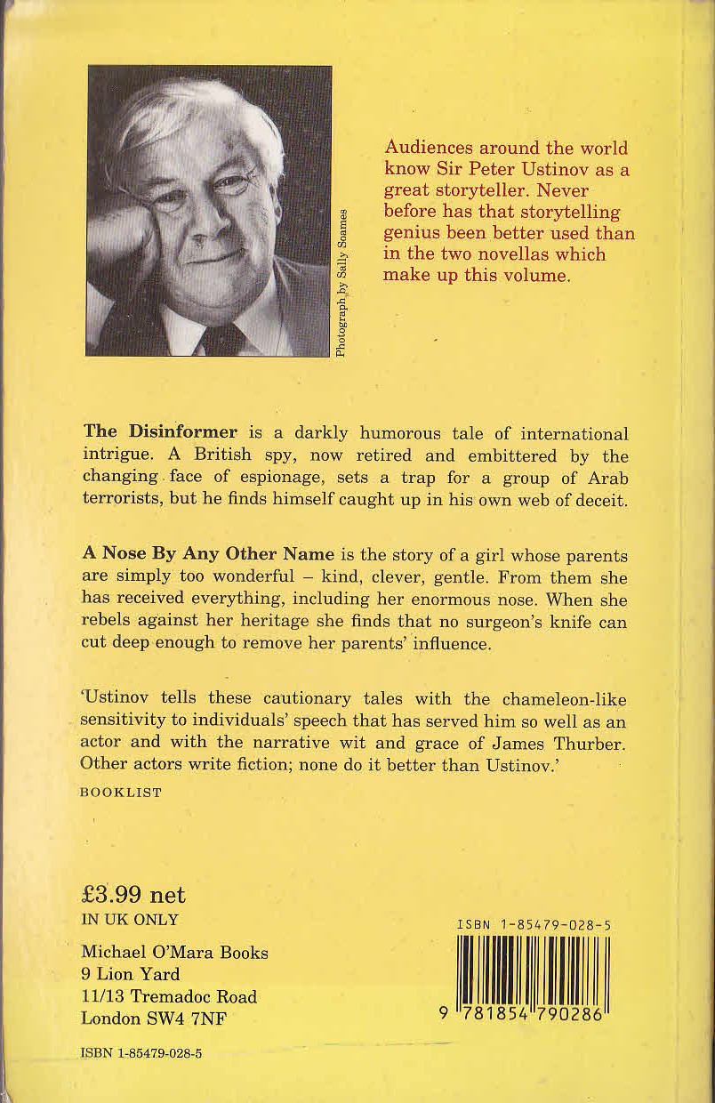 Peter Ustinov  THE DISINFORMER and A NOSE BY ANY OTHER NAME magnified rear book cover image