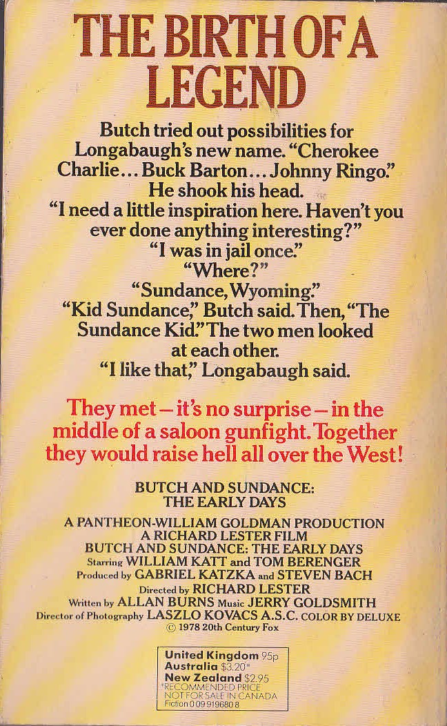 D.R. Benson  BUTCH & SUNDANCE: THE EARLY DAYS (William Katt & Tom Berenger) magnified rear book cover image