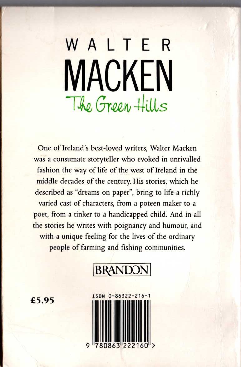 Walter Macken  THE GREEN HILLS and other stories magnified rear book cover image