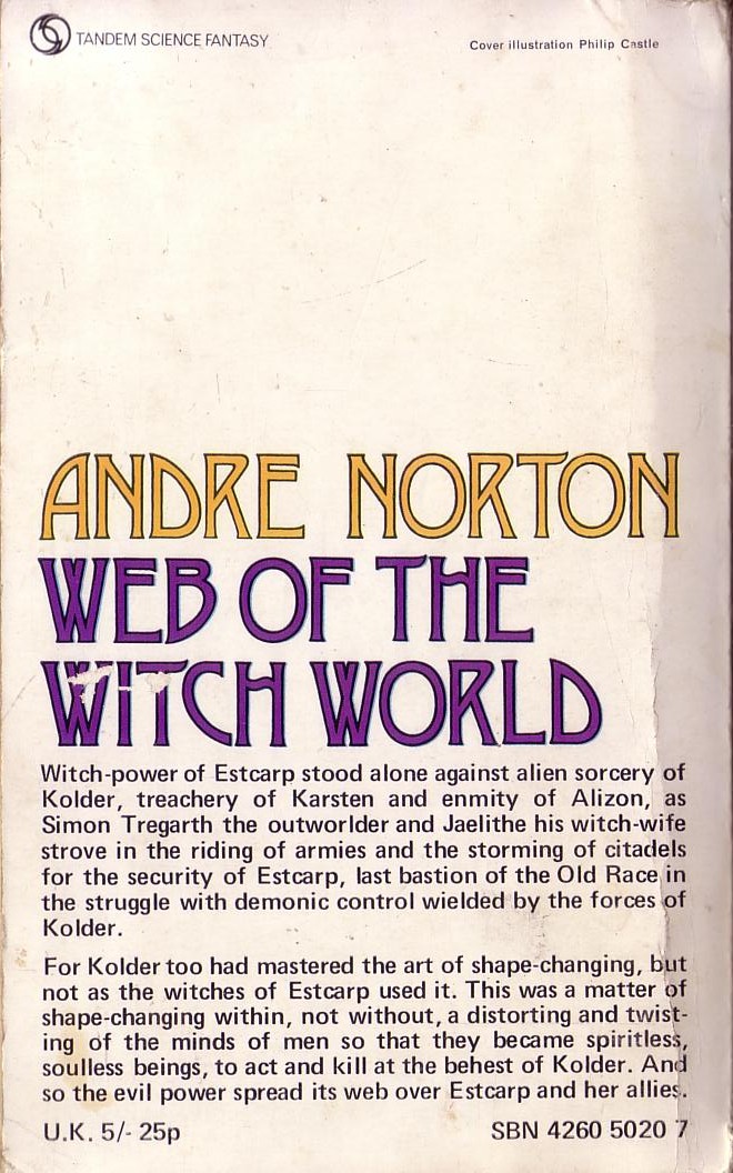 Andre Norton  WEB OF THE WITCH WORLD magnified rear book cover image