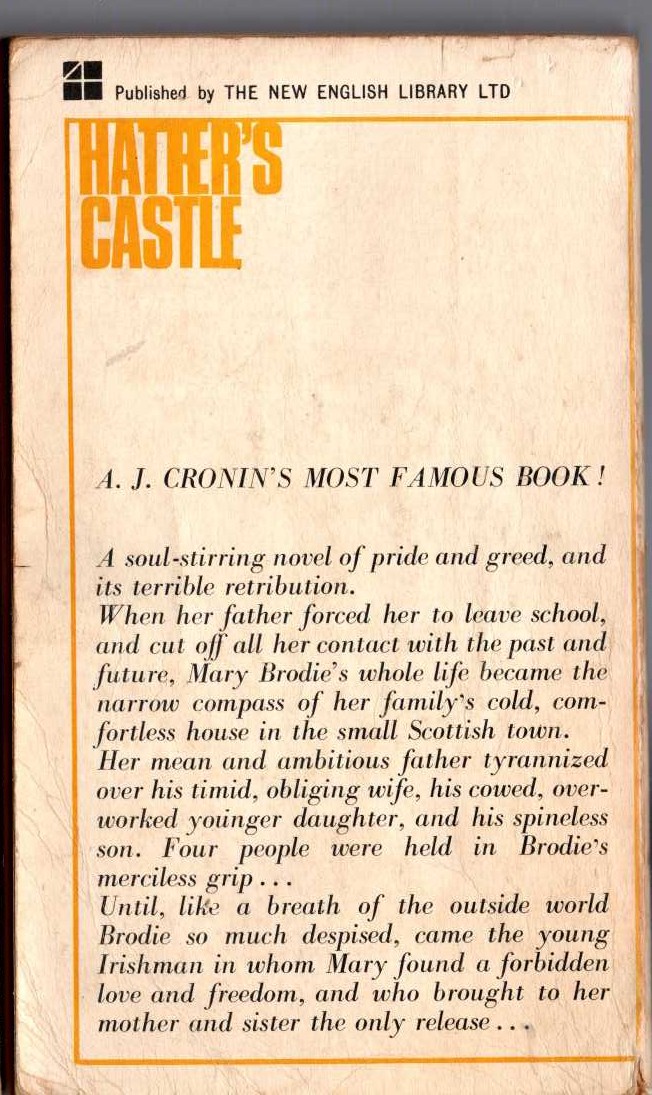 A.J. Cronin  HATTER'S CASTLE magnified rear book cover image