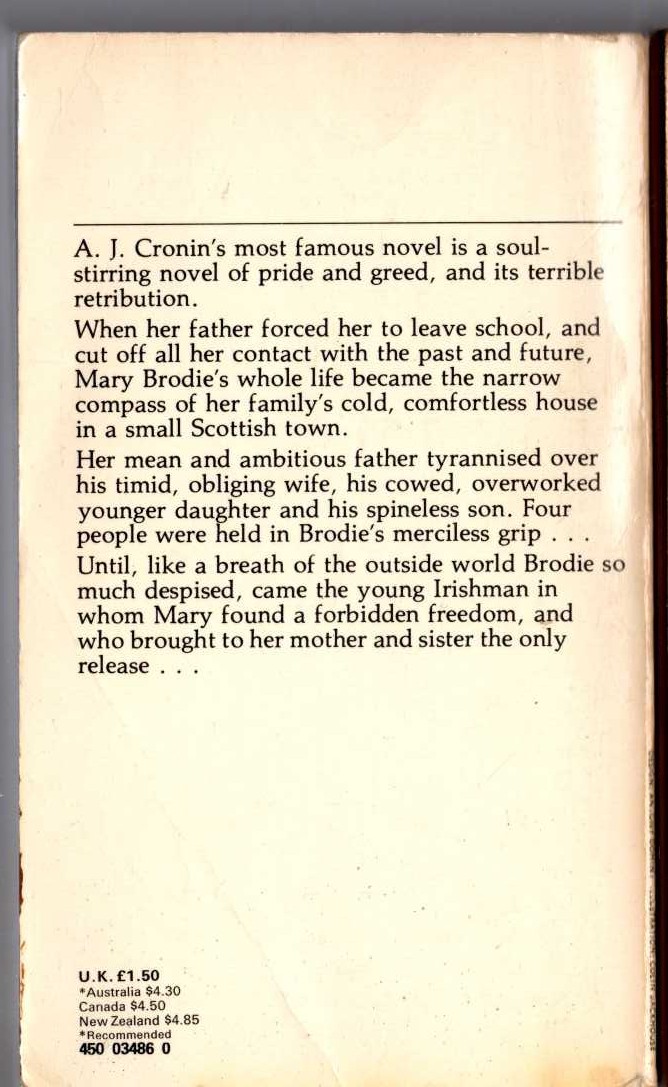 A.J. Cronin  HATTER'S CASTLE magnified rear book cover image