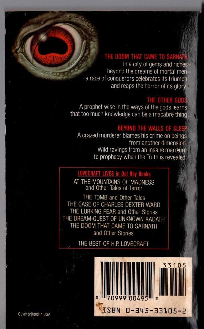 H.P. Lovecraft  THE DOOM THAT CAME TO SARNATH and Other Stories magnified rear book cover image