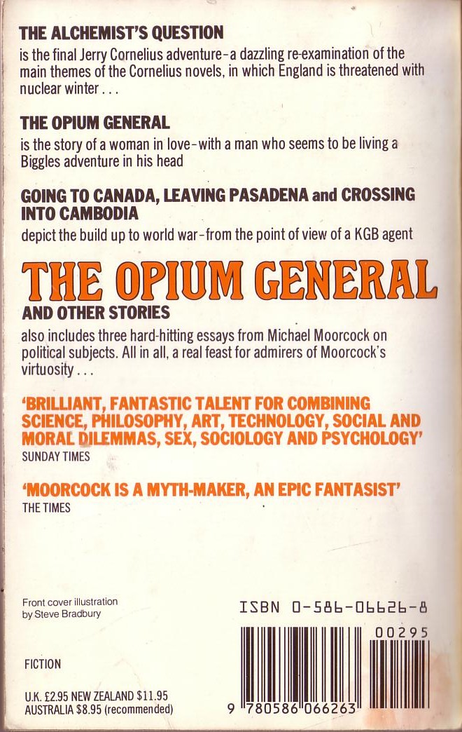 Michael Moorcock  THE OPIUM GENERAL and other stories magnified rear book cover image