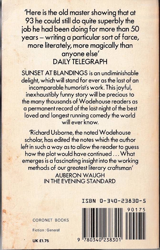 P.G. Wodehouse  SUNSET AT BLANDINGS magnified rear book cover image