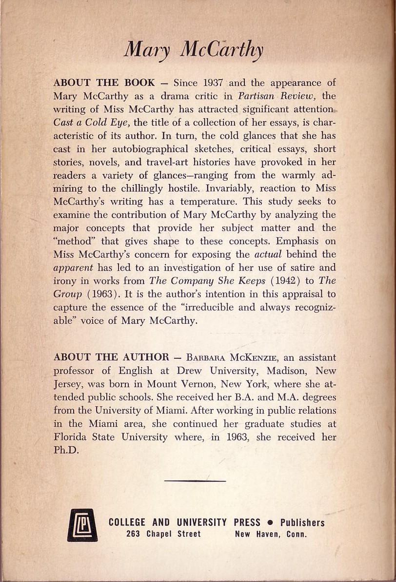 (Barbara McKenzie) MARY McCARTHY magnified rear book cover image