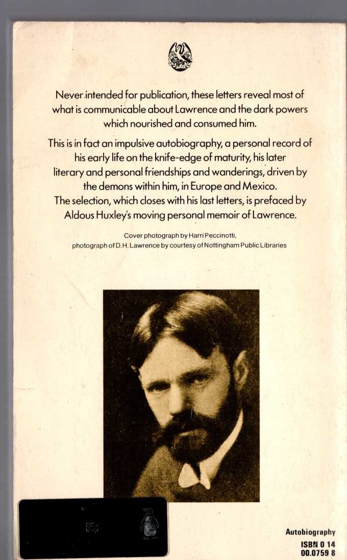 D.H. Lawrence  SELECTED LETTERS magnified rear book cover image