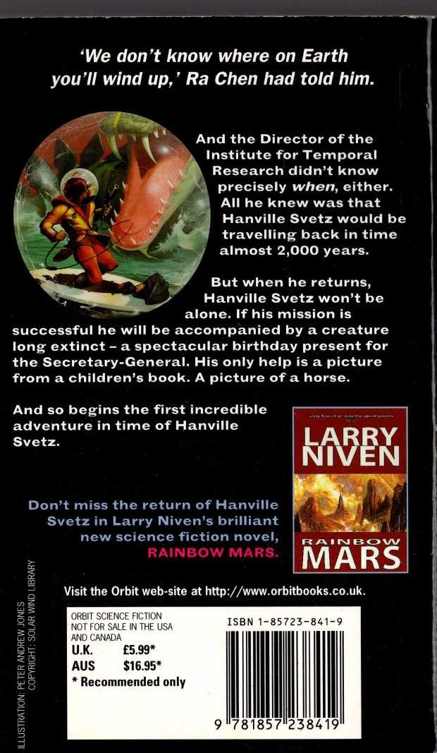 Larry Niven  THE FLIGHT OF THE HORSE magnified rear book cover image