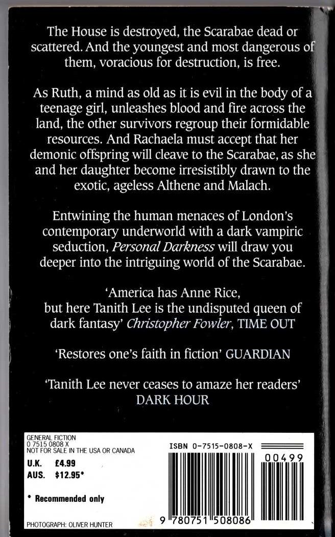 Tanith Lee  PERSONAL DARKNESS magnified rear book cover image