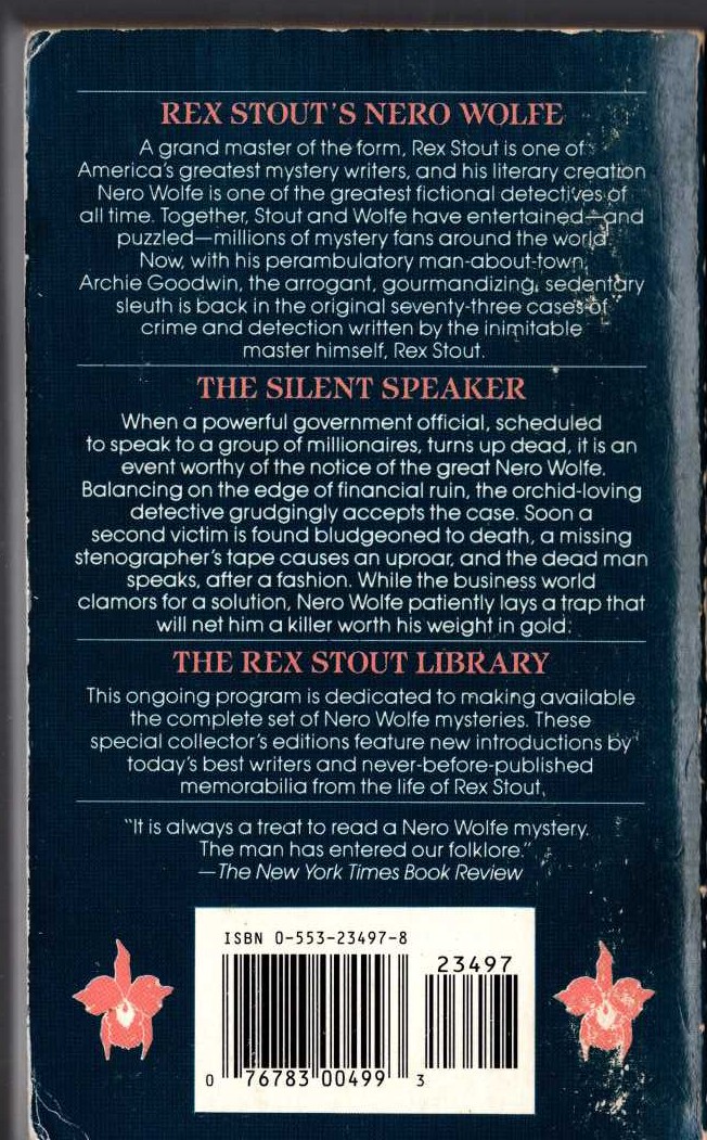 Rex Stout  THE SILENT SPEAKER magnified rear book cover image