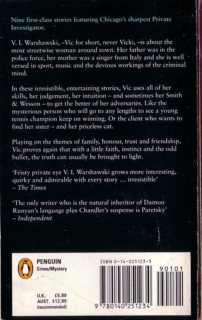 Sara Paretsky  V.I. FOR SHORT magnified rear book cover image