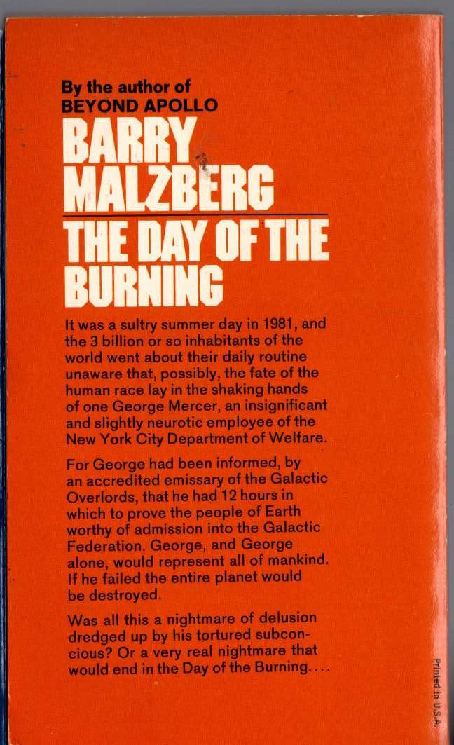 Barry Malzberg  THE DAY OF THE BURNING magnified rear book cover image