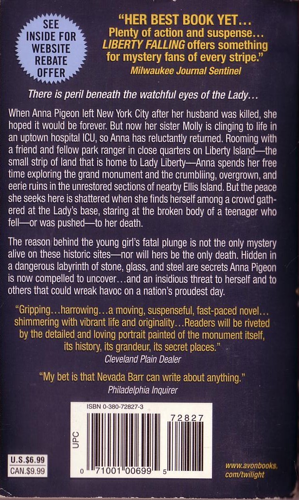 Nevada Barr  LIBERTY FALLING magnified rear book cover image