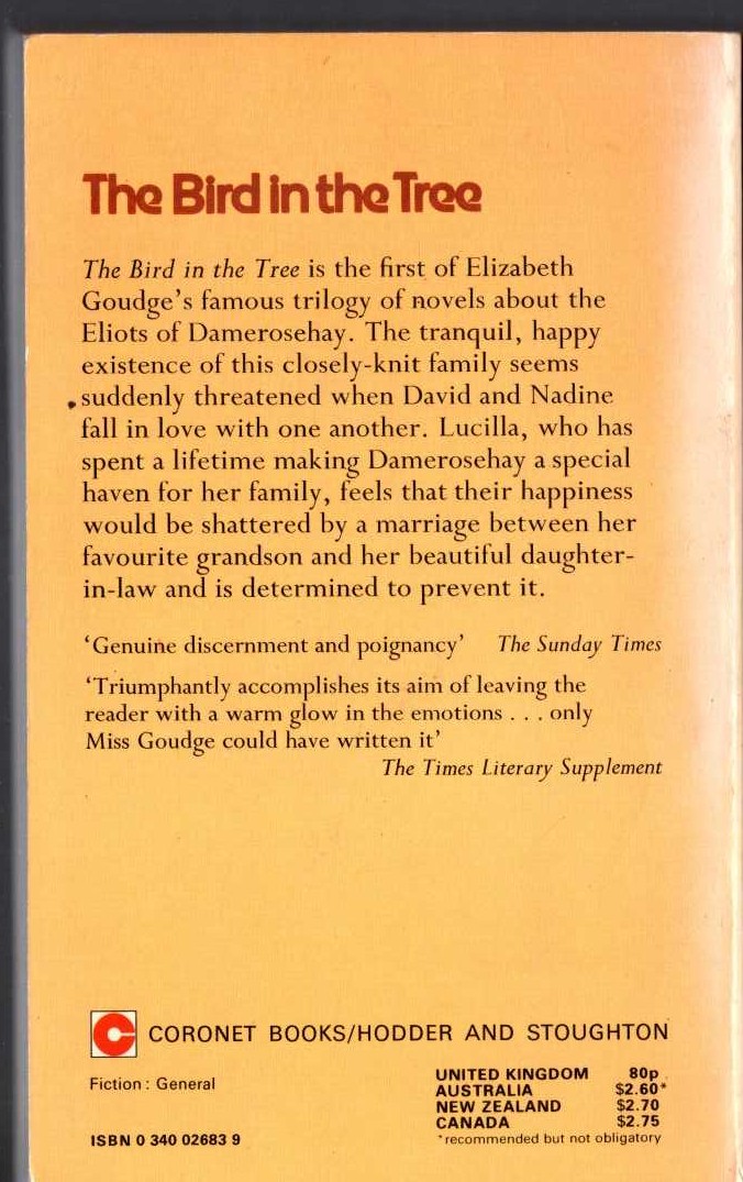 Elizabeth Goudge  THE BIRD IN THE TREE magnified rear book cover image