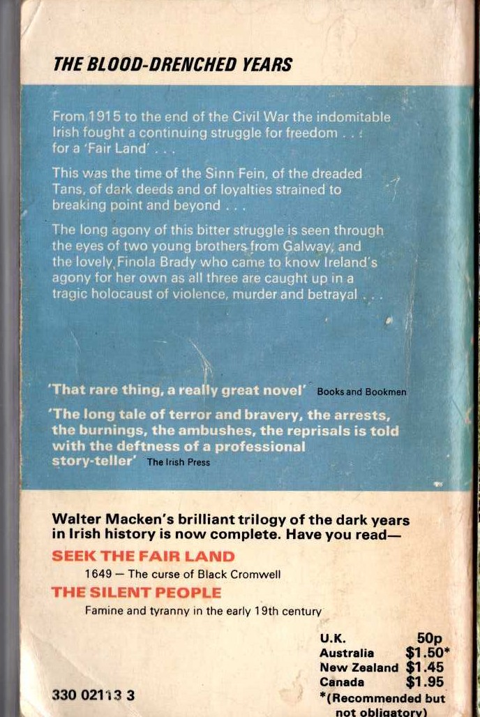 Walter Macken  THE SCORCHING WIND magnified rear book cover image