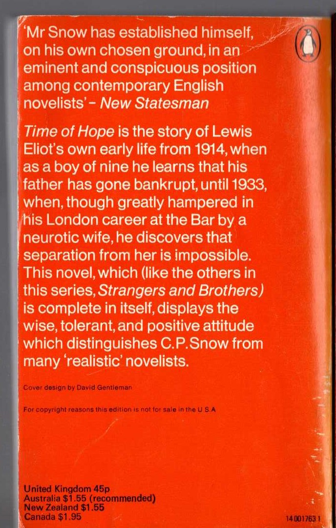 C.P. Snow  TIME OF HOPE magnified rear book cover image
