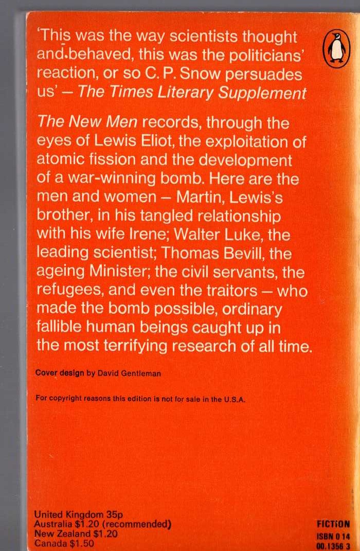 C.P. Snow  THE NEW MEN magnified rear book cover image