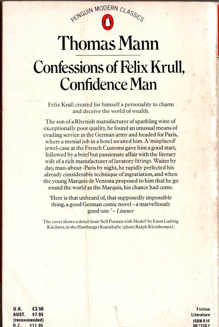 Thomas Mann  CONFESSIONS OF FELIX KRULL, CONFIDENCE MAN magnified rear book cover image