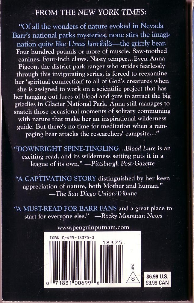 Nevada Barr  BLOOD LURE magnified rear book cover image
