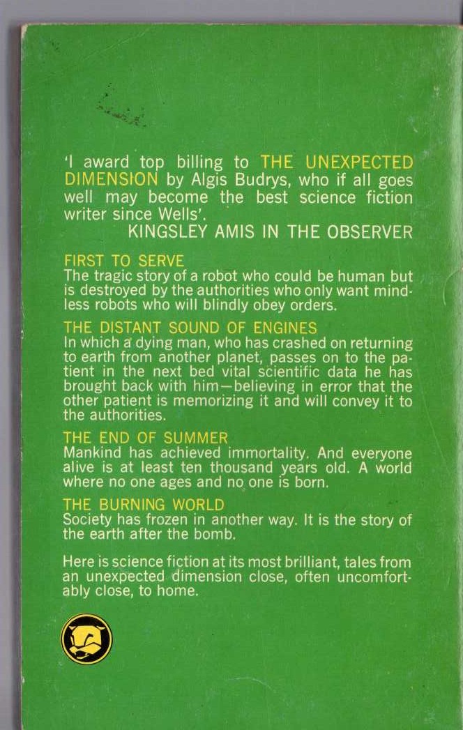Algis Budrys  THE UNEXPECTED DIMENSION magnified rear book cover image