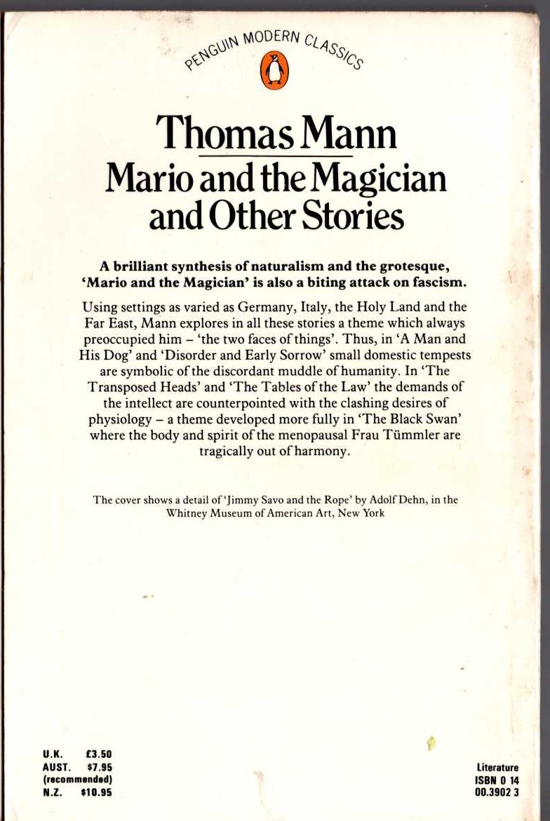 Thomas Mann  MARIO AND THE MAGICIAN and Other Stories magnified rear book cover image