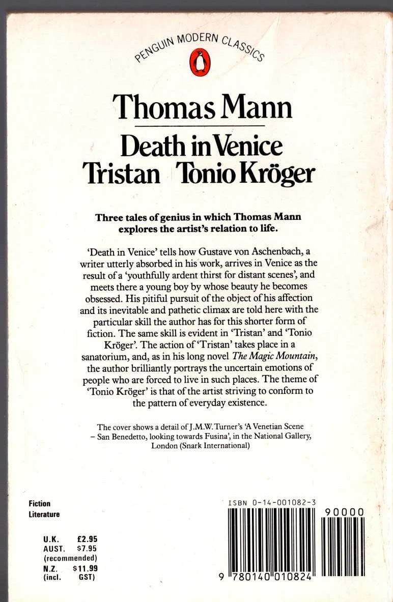 Thomas Mann  DEATH IN VENICE / TRISTAN / TONIO KROGER magnified rear book cover image