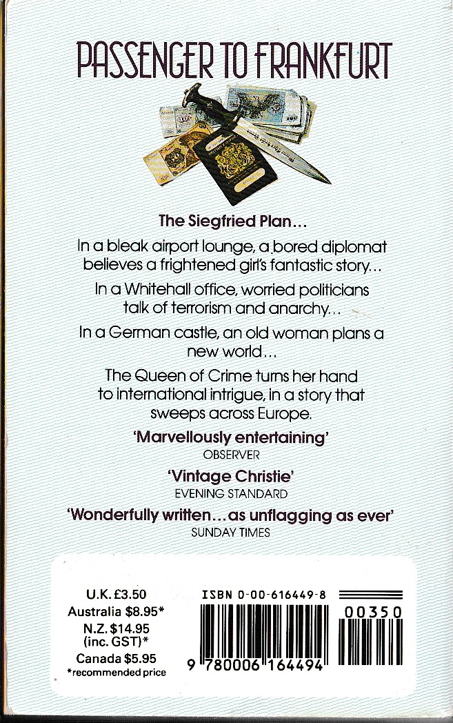 Agatha Christie  PASSENGER TO FRANKFURT magnified rear book cover image