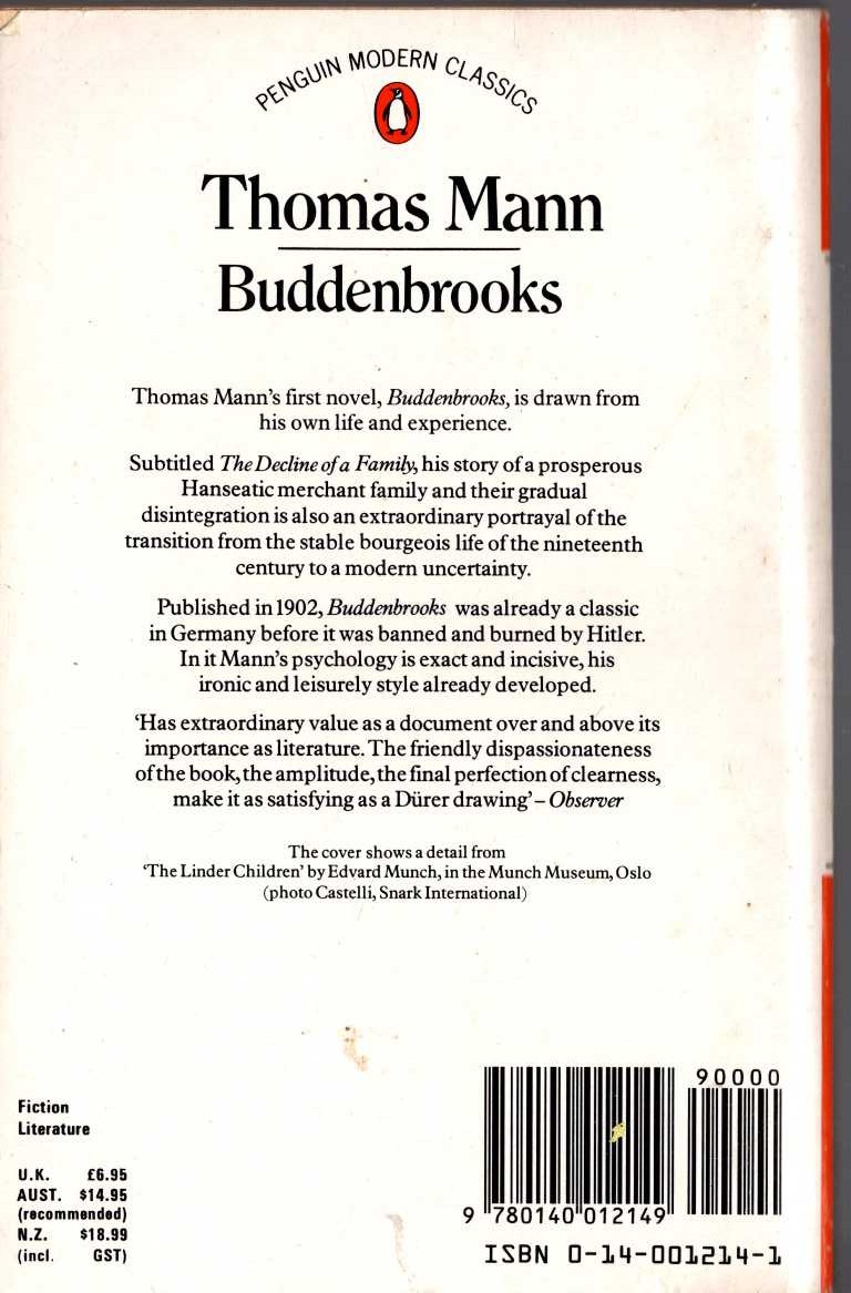 Thomas Mann  BUDDENBROOKS magnified rear book cover image